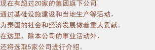 现在有超过20家的集团旗下公司通过基础设施建设和当地生产等活动，为泰国的社会和经济发展做着重大贡献。在这里，除本公司的事业活动外，还将选取5家公司进行介绍。